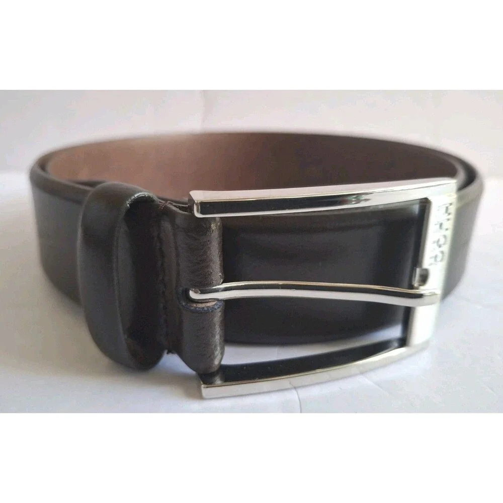 Hugo Boss Cow Skin Leather Belt Size 34 Brown Silver Buckle Dress Work Preppy